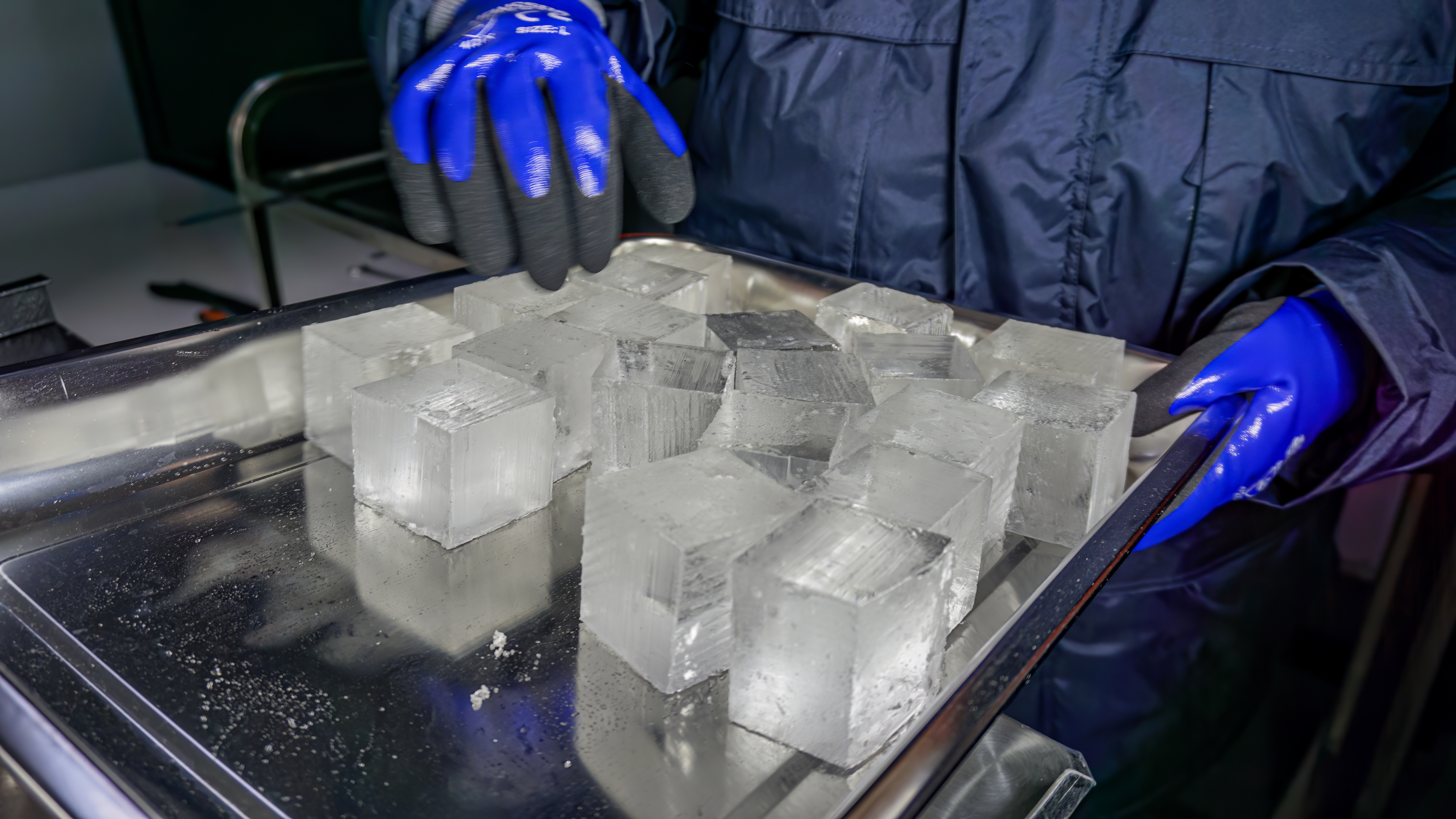 Crystal-clear ice cubes in elegant setting showcasing premium quality